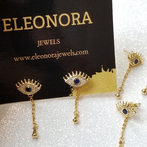 Blue sapphire gold plated evil eye chain studs - Picture 4 of 5